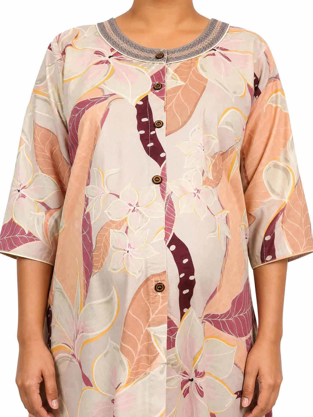 Light Orange rayon front-open nighty with full button opening