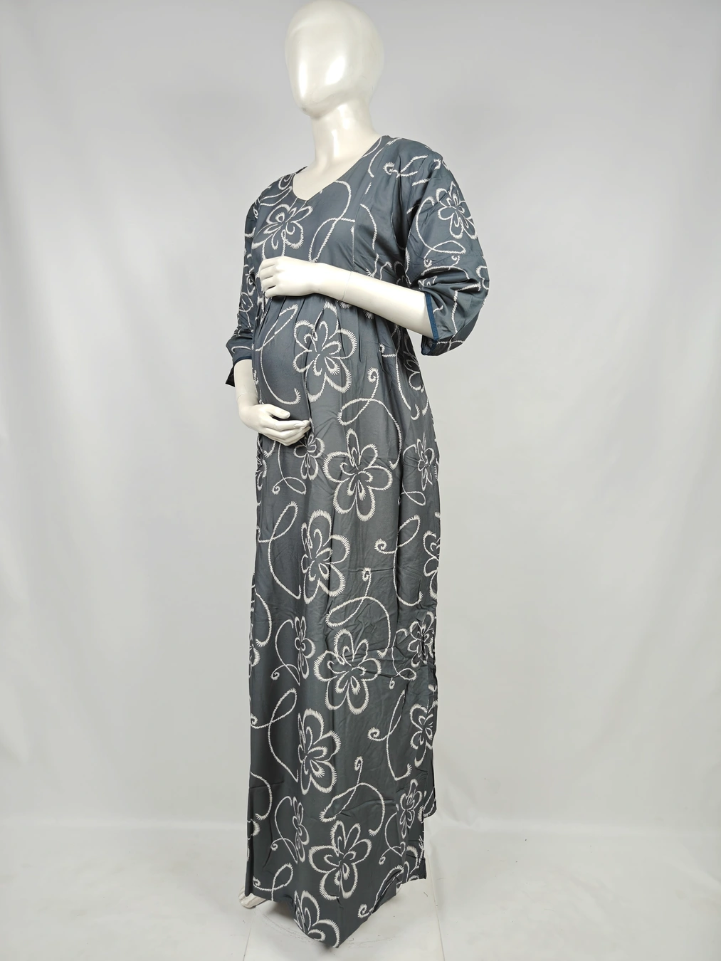 Dark Grey Rayon Frill Feeding Nighty with ruffled waist detail and dual concealed nursing zips