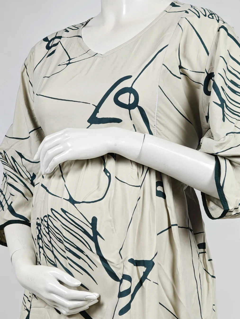 Light Cream Rayon Frill Feeding Nighty with ruffled waist detail and dual concealed nursing zips