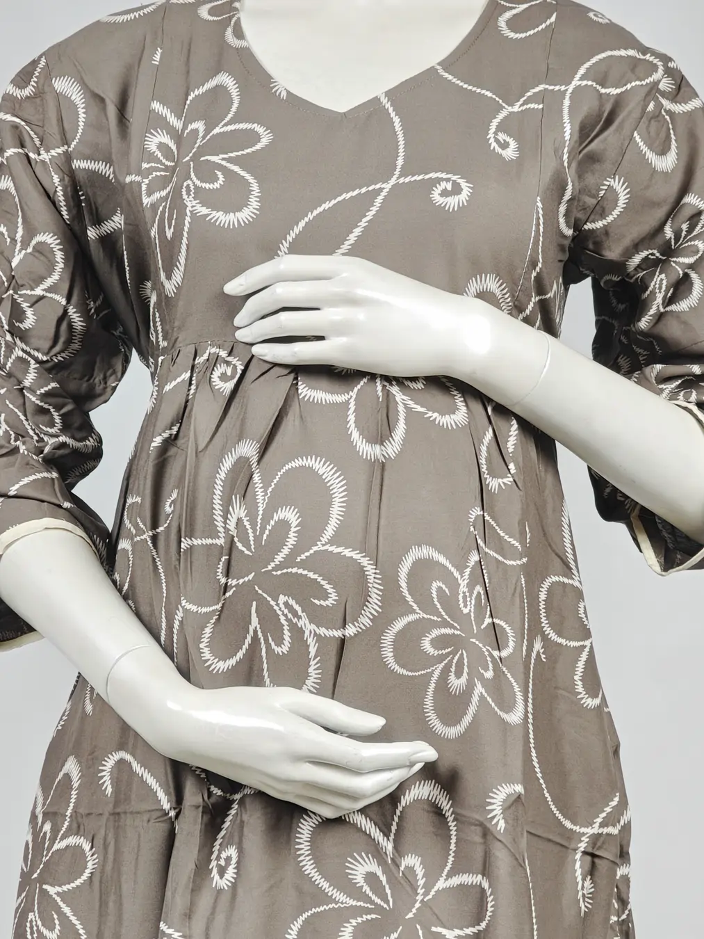 Pale Brown Rayon Frill Feeding Nighty with ruffled waist detail and dual concealed nursing zips