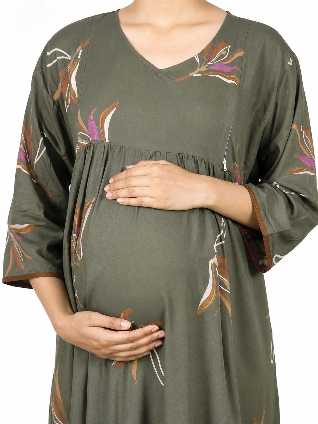 Olive Green Rayon Frill Feeding Nighty with ruffled waist detail and dual concealed nursing zips