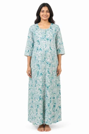 Light Green Cotton Maternity Front Open Nighty with full-front button opening and three-quarter sleeves