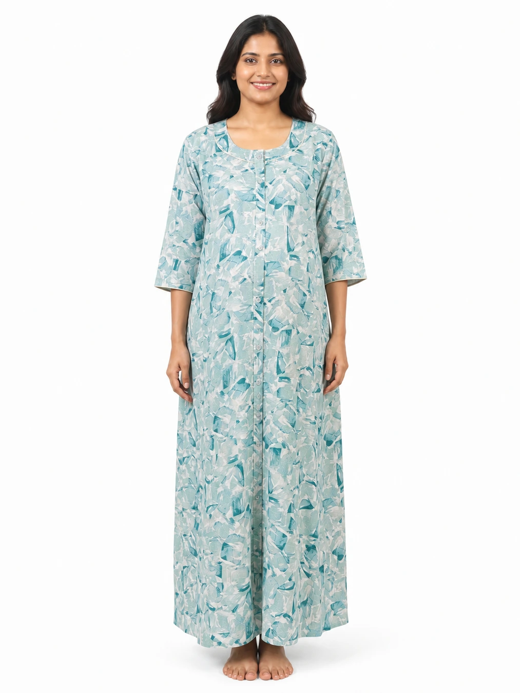 Light Green Cotton Maternity Front Open Nighty with full-front button opening and three-quarter sleeves