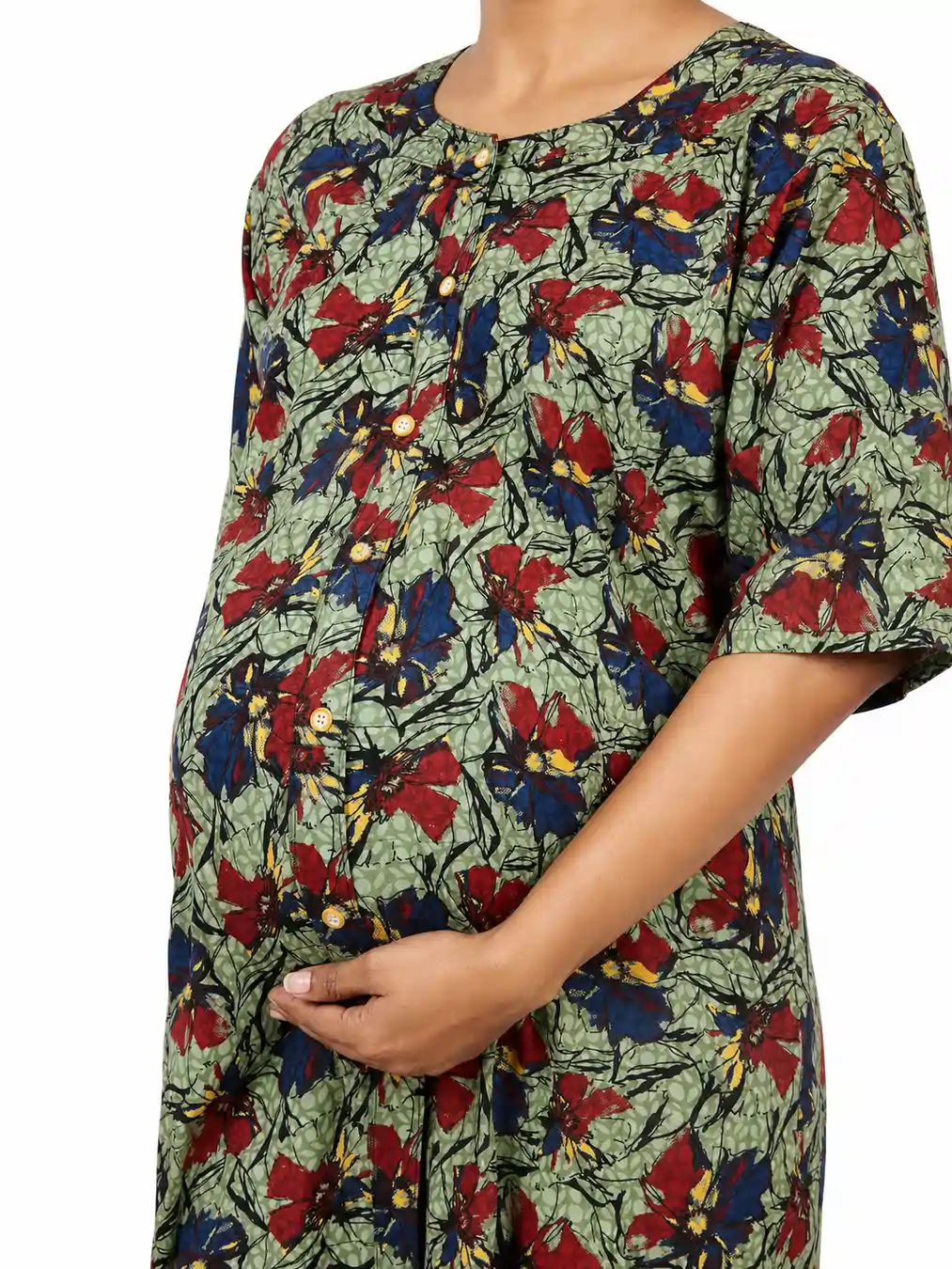 Green cotton maternity nighty with full-front button opening