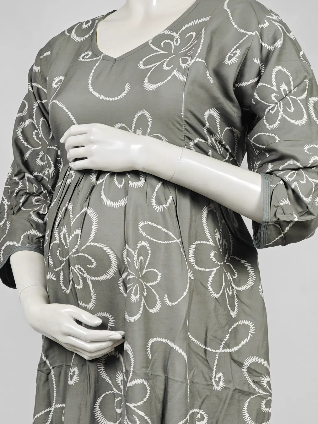 Pale Olive Rayon Frill Feeding Nighty with ruffled waist detail and dual concealed nursing zips