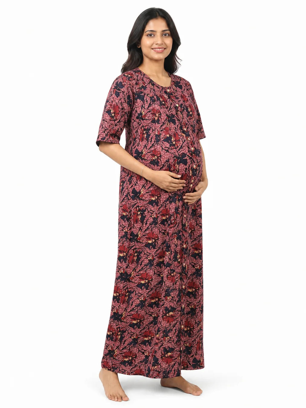 Rose cotton maternity nighty with full-front button opening