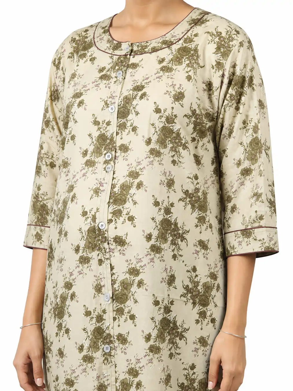 Cream Cotton Front Open Hospital Nighty with full-front button opening and three-quarter sleeves