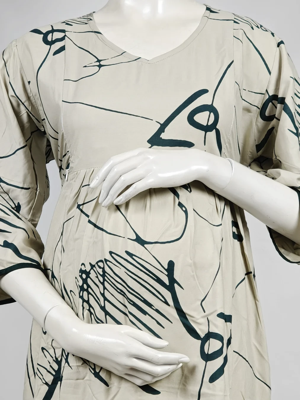 Light Cream Rayon Frill Feeding Nighty with ruffled waist detail and dual concealed nursing zips