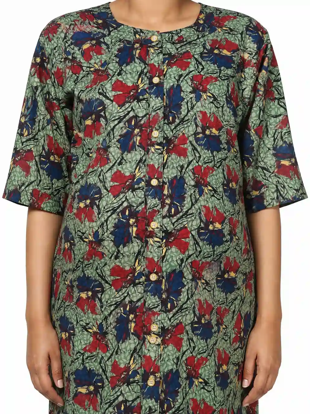 Green cotton maternity nighty with full-front button opening