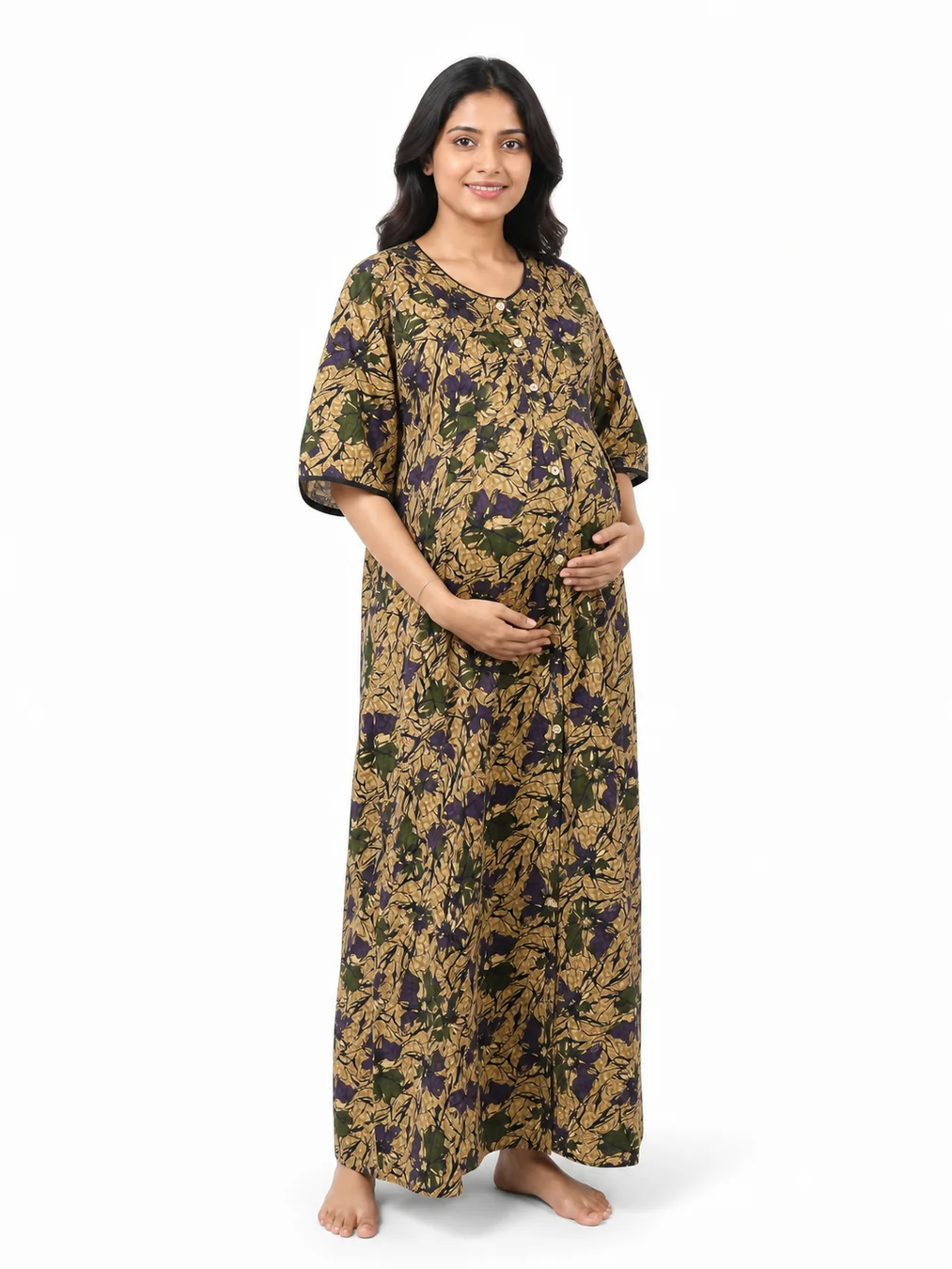 Yellow cotton maternity nighty with full-front button opening
