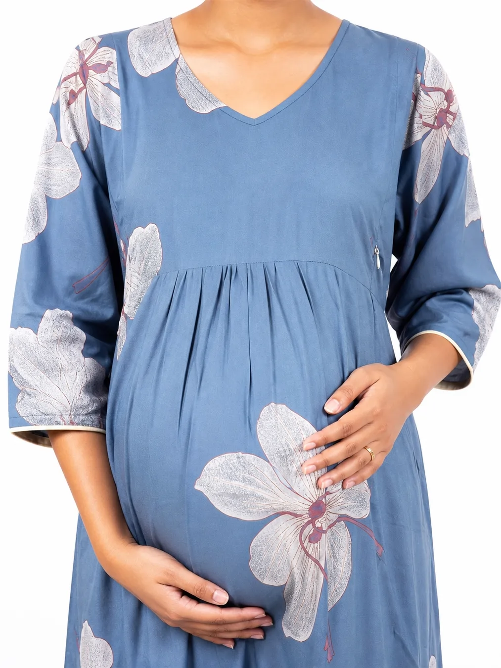 Light Blue Alpine Frill Feeding Nighty with ruffled waist detail and dual concealed nursing zips