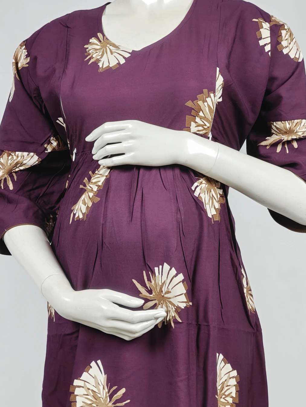 Maroon rayon frill feeding nighty with concealed nursing zips