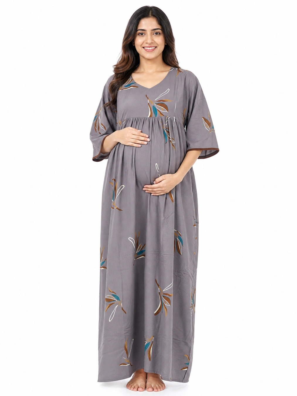 Navy Blue Alpine Frill Feeding Nighty with ruffled waist detail and dual concealed nursing zips
