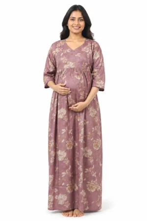Light Rose Alpine Frill Feeding Nighty with ruffled waist detail and dual concealed nursing zips