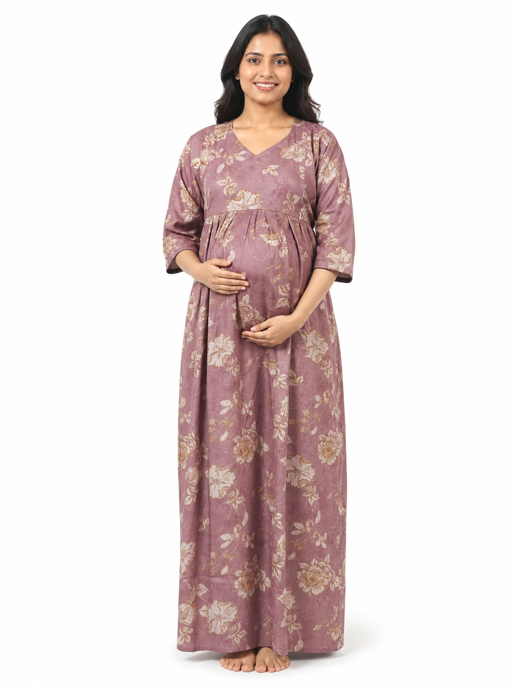 Light Rose Alpine Frill Feeding Nighty with ruffled waist detail and dual concealed nursing zips