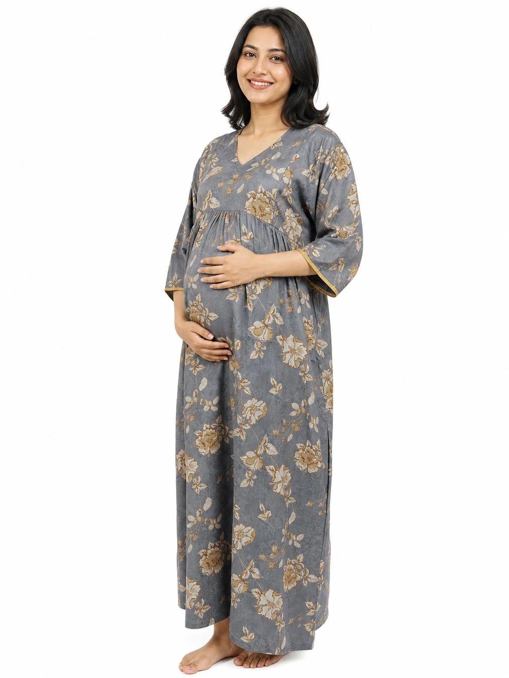 Grey Alpine Frill Feeding Nighty with ruffled waist detail and dual concealed nursing zips
