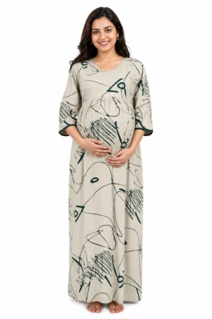 Light Cream Rayon Frill Feeding Nighty with ruffled waist detail and dual concealed nursing zips