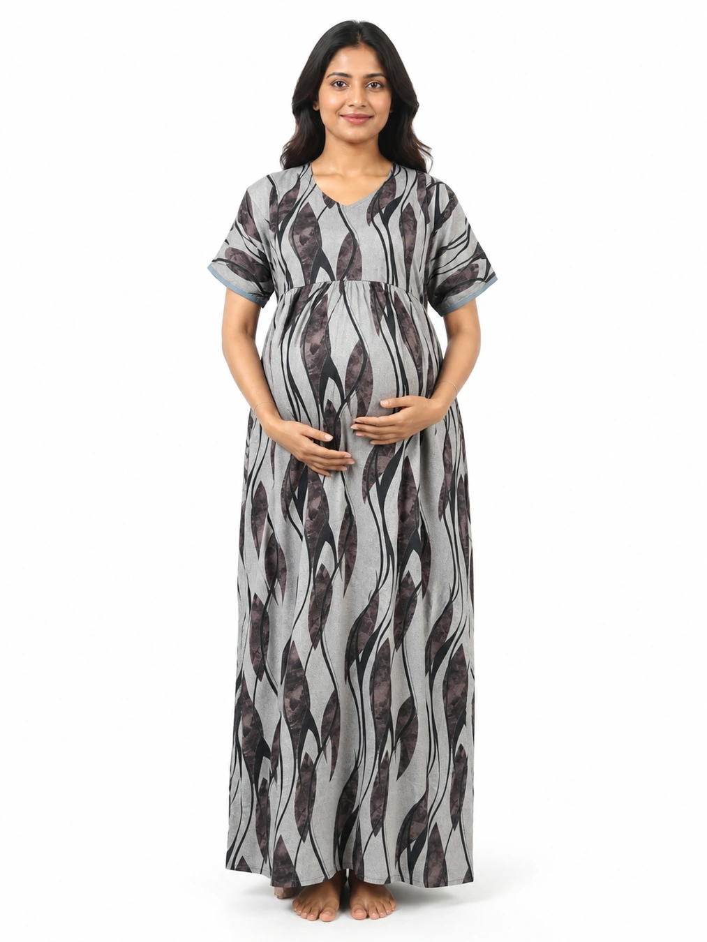 Brown Floral Alpine frill feeding nighty with half sleeves and nursing zips