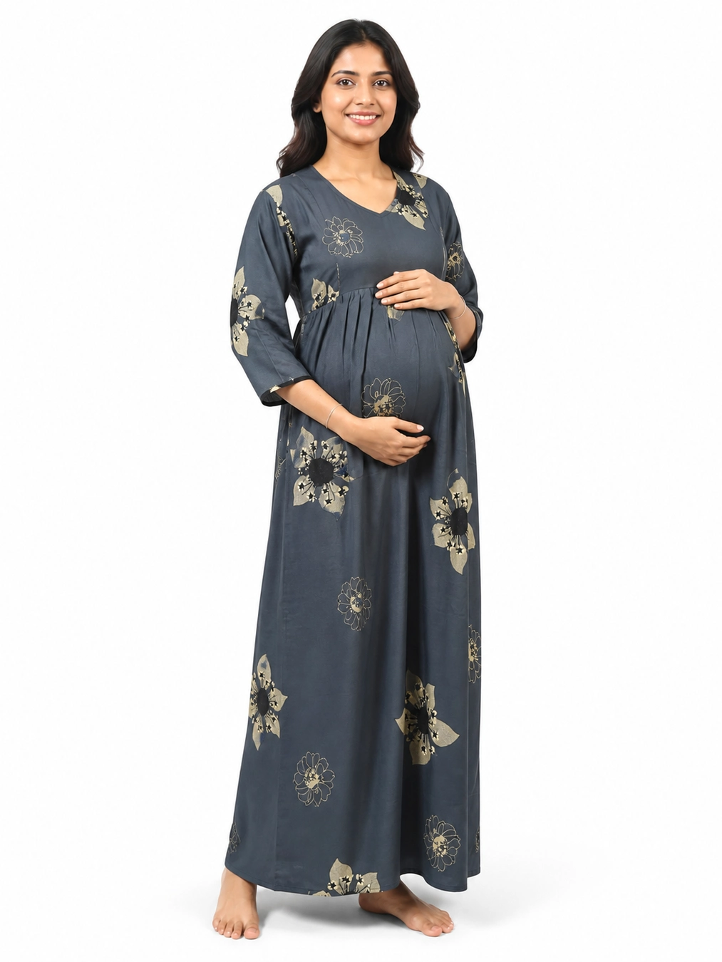 Ash Green Rayon Frill Feeding Nighty with ruffled waist detail and dual concealed nursing zips