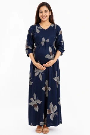 Navy Blue Alpine Frill Feeding Nighty with ruffled waist detail and dual concealed nursing zips