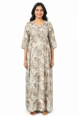 Sand Rayon Frill Feeding Nighty with ruffled waist detail and side-zip nursing access