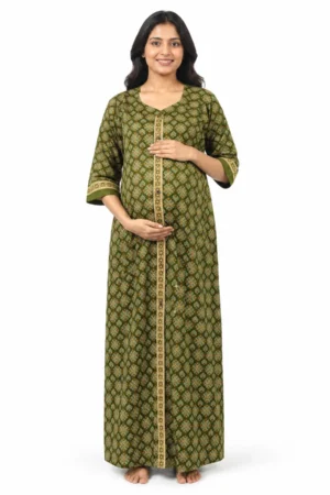 Cream cotton maternity nighty with full-front button opening