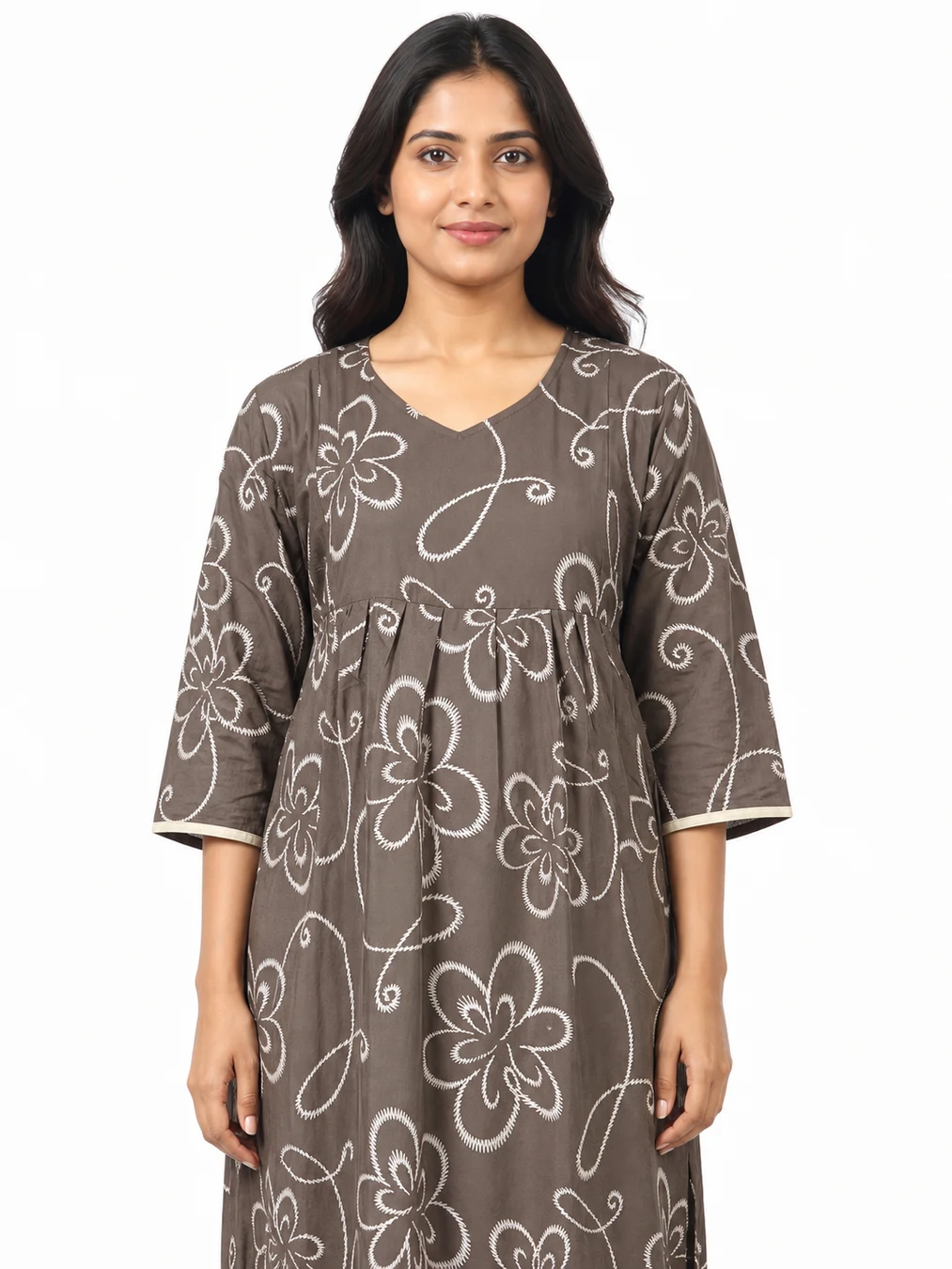 Pale Brown Rayon Frill Feeding Nighty with ruffled waist detail and dual concealed nursing zips