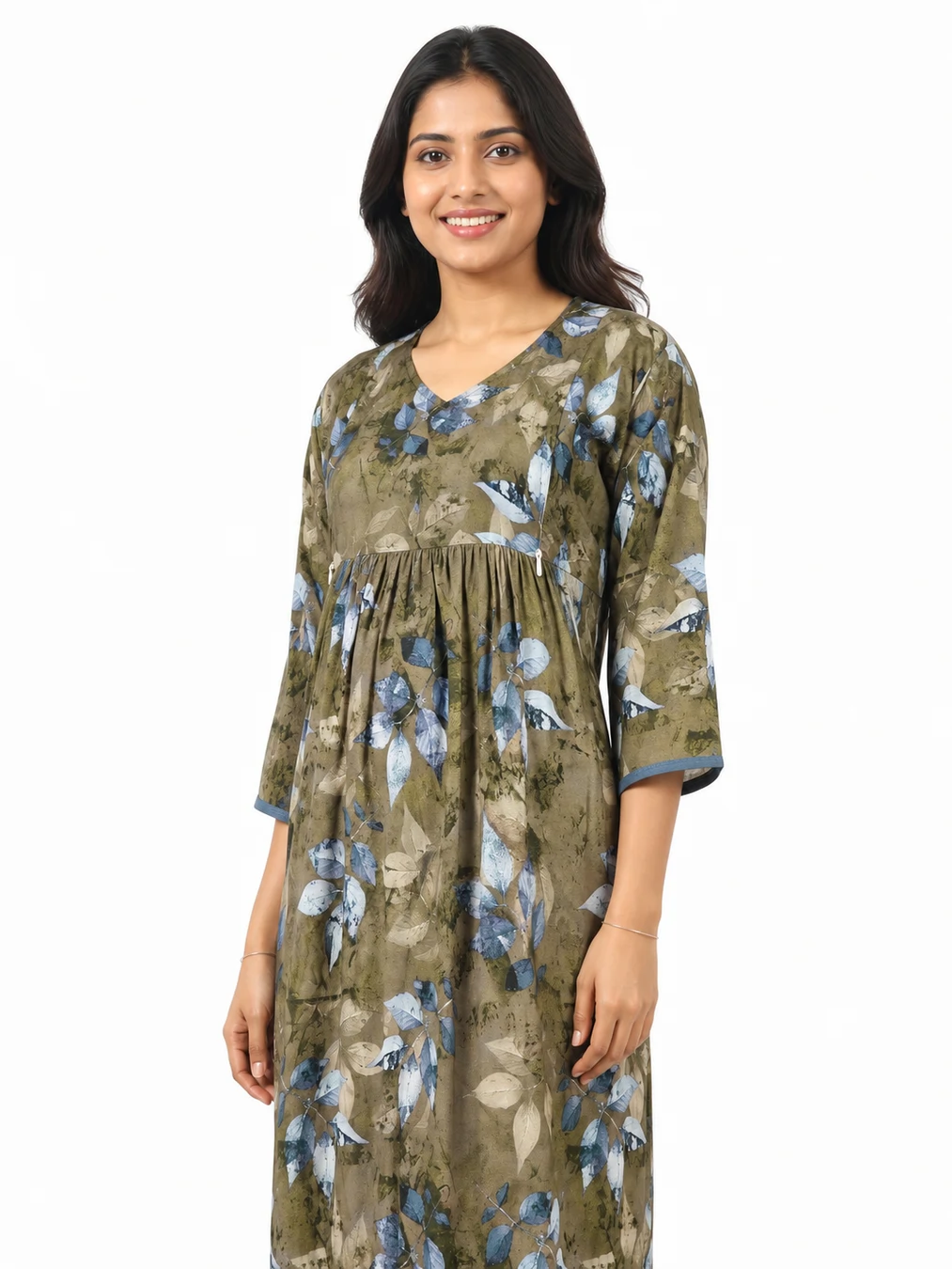 Brown Green Rayon Frill Feeding Nighty with ruffled waist detail and side-zip nursing access