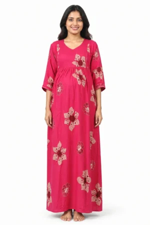 Magenta Pink Rayon Frill Feeding Nighty with ruffled waist detail and dual concealed nursing zips