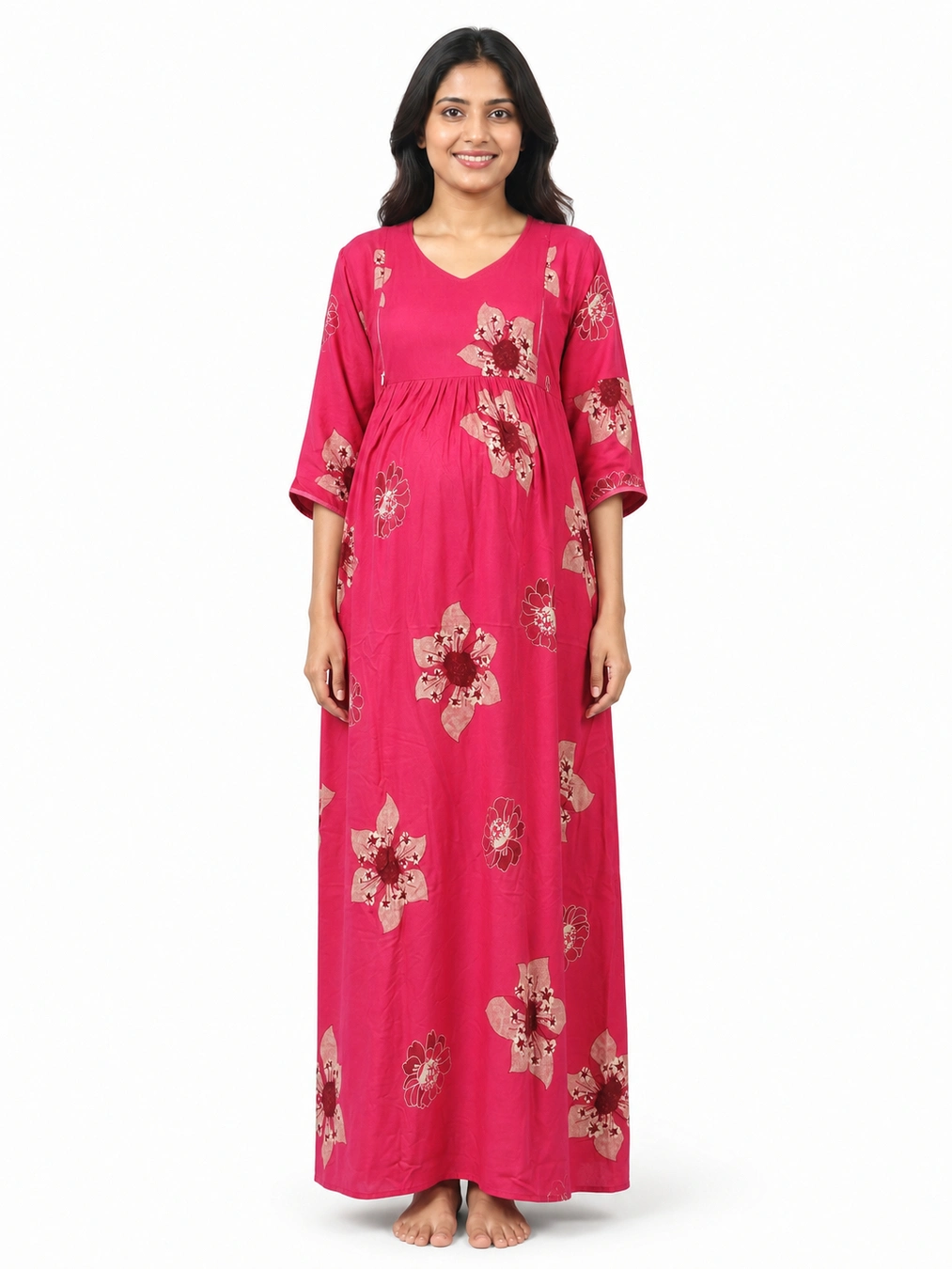 Magenta Pink Rayon Frill Feeding Nighty with ruffled waist detail and dual concealed nursing zips
