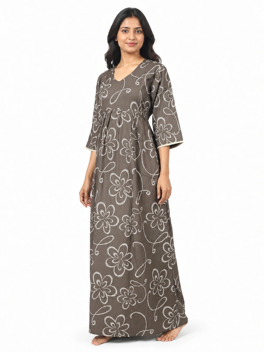 Pale Brown Rayon Frill Feeding Nighty with ruffled waist detail and dual concealed nursing zips