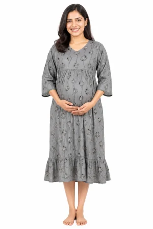 Ash Green Short Rayon Feeding Frock Nighty with ruffled waist and dual concealed nursing zips