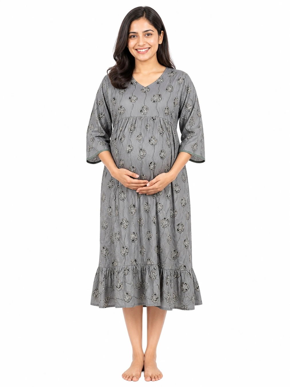 Ash Green Short Rayon Feeding Frock Nighty with ruffled waist and dual concealed nursing zips