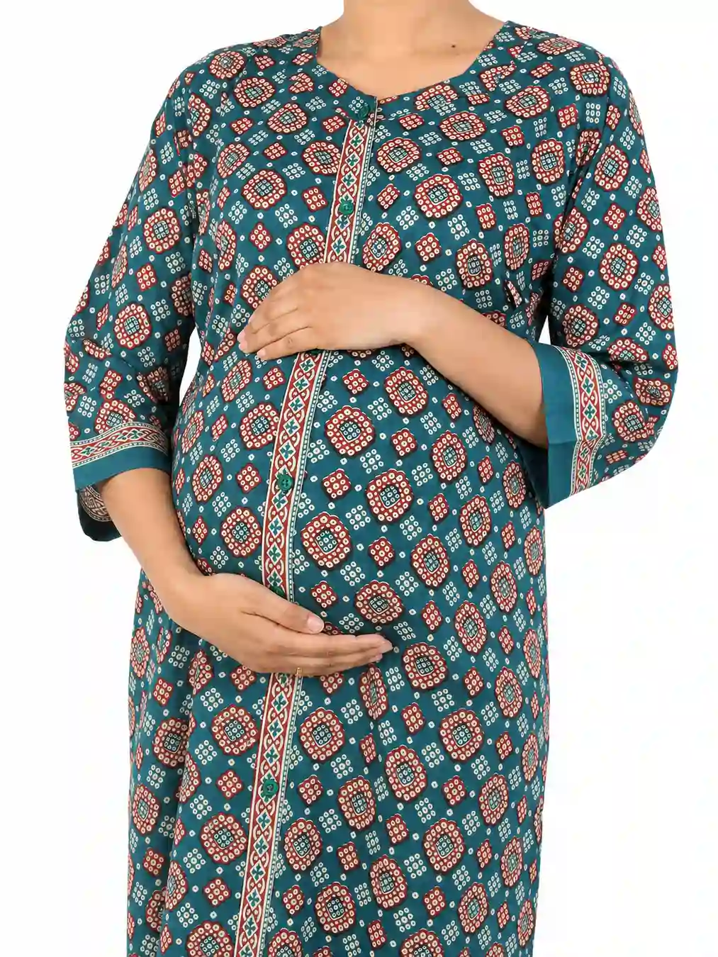 Teal cotton maternity nighty with full-front button opening