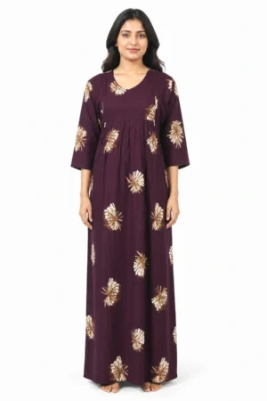 Maroon rayon frill feeding nighty with concealed nursing zips