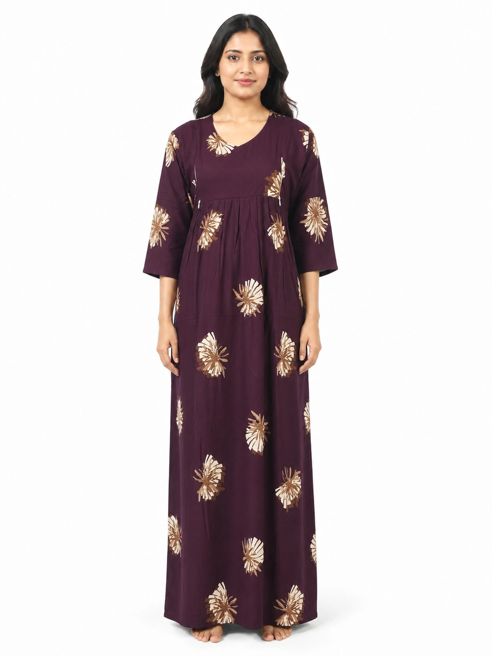 Maroon rayon frill feeding nighty with concealed nursing zips