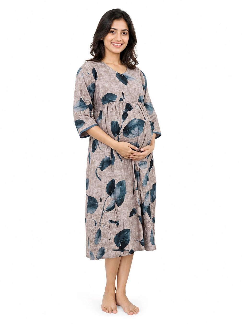 Dusty Pink Short Rayon Feeding Frock Nighty with ruffled waist and dual concealed nursing zips