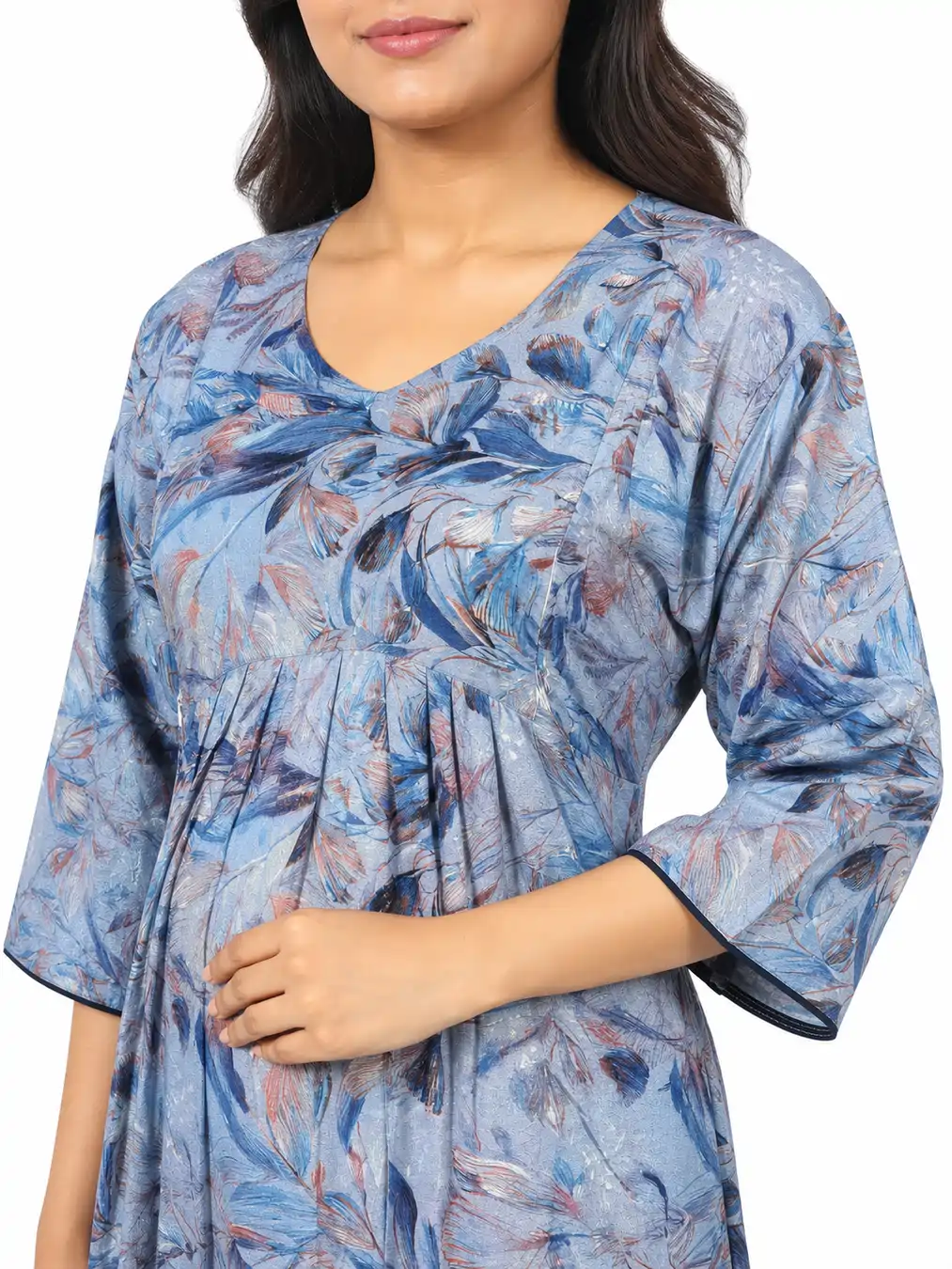 Ice Blue rayon frill feeding nighty with concealed nursing zips