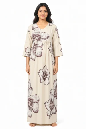 Cream Rayon Frill Feeding Nighty with ruffled waist detail and dual concealed nursing zips
