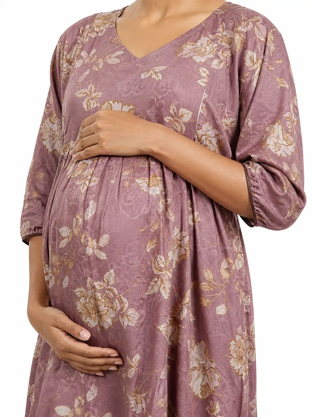 Light Rose Alpine Frill Feeding Nighty with ruffled waist detail and dual concealed nursing zips