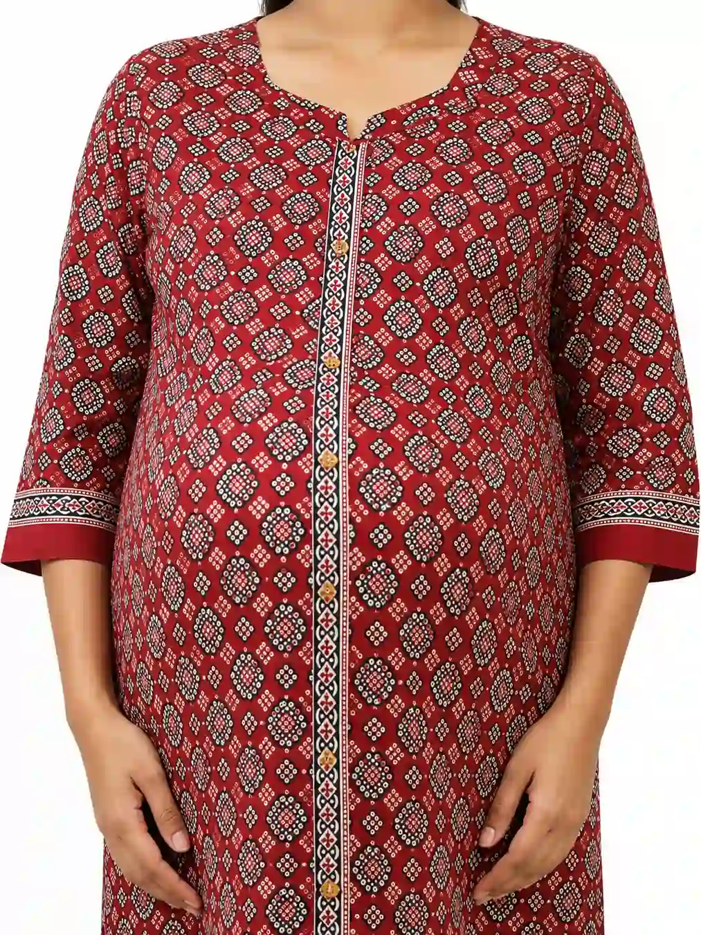 Red cotton maternity nighty with full-front button opening