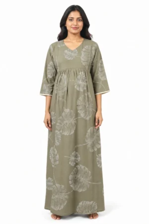 Pale Olive Rayon Frill Feeding Nighty with ruffled waist detail and dual concealed nursing zips