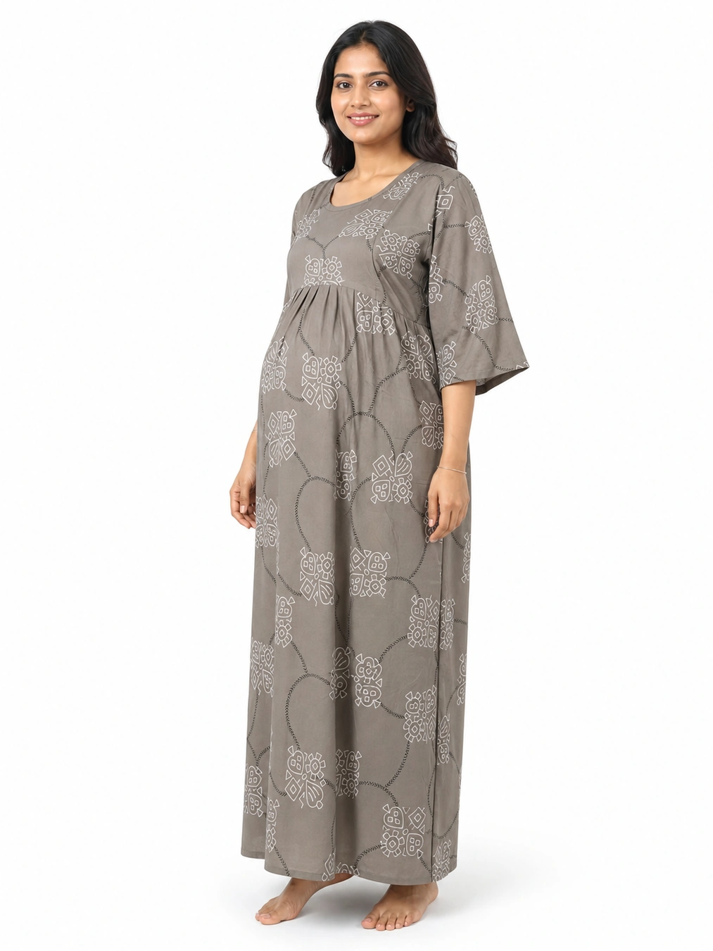 Ash rayon frill feeding nighty with concealed nursing zips