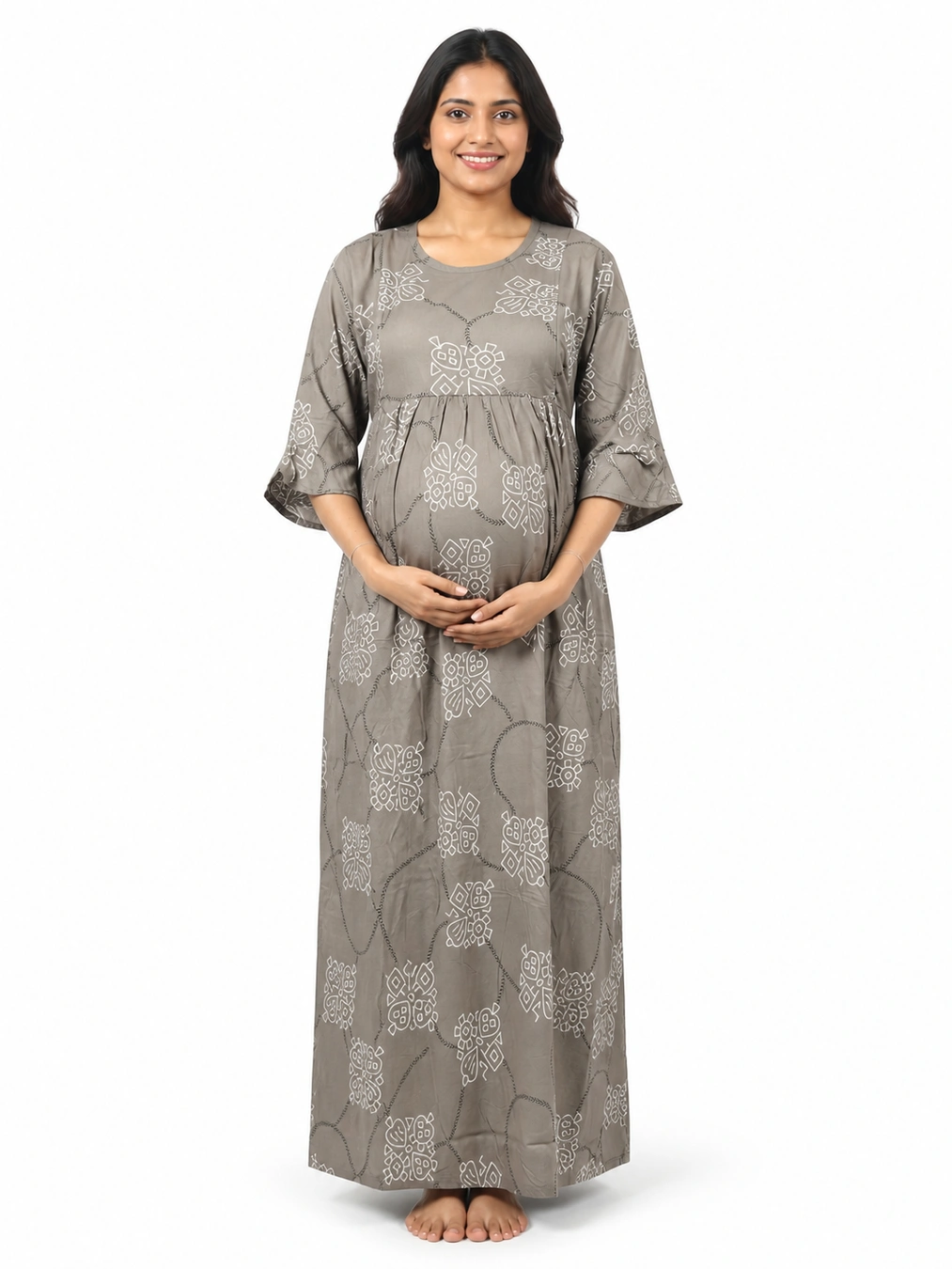 Ash rayon frill feeding nighty with concealed nursing zips