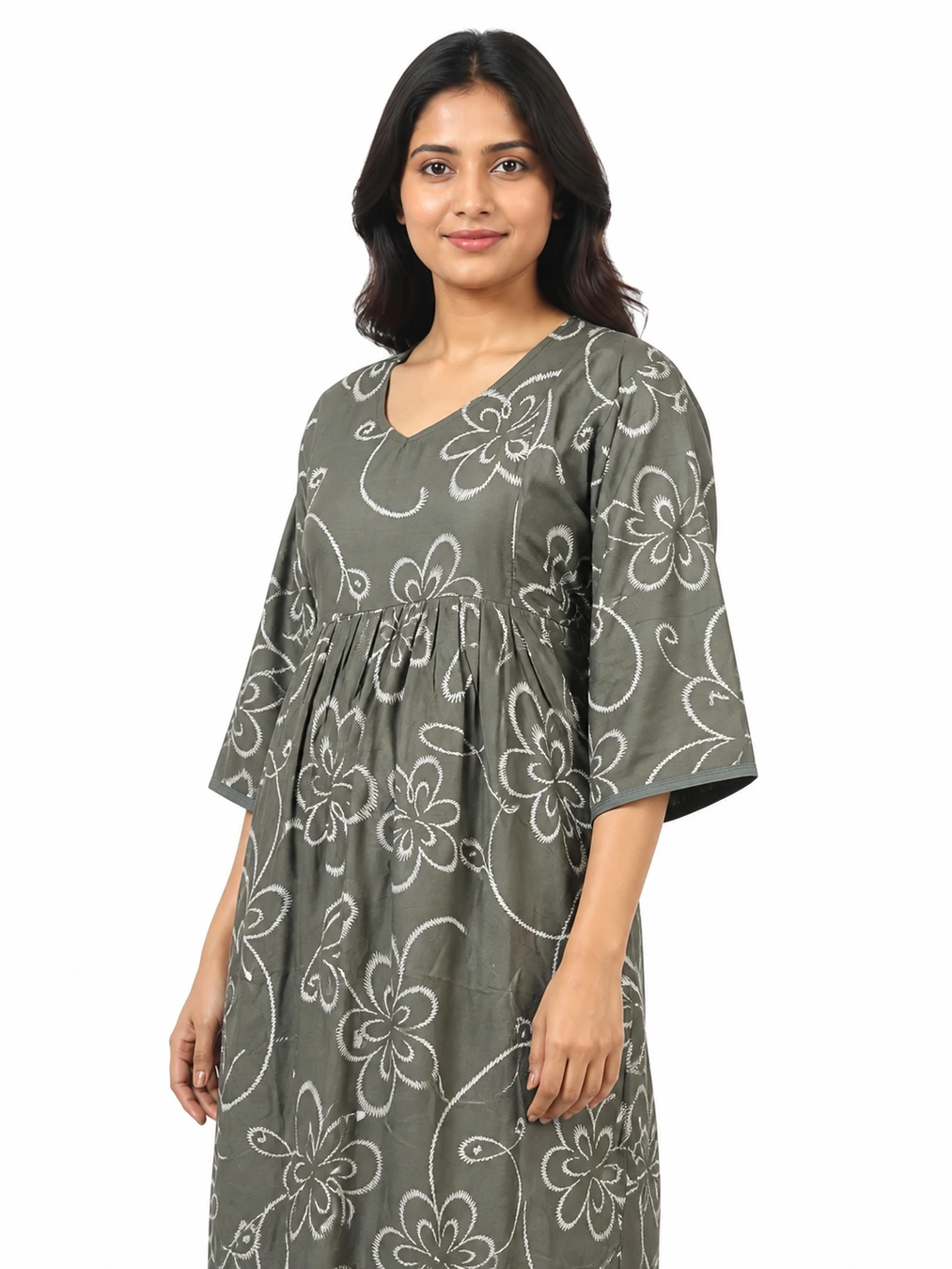 Pale Olive Rayon Frill Feeding Nighty with ruffled waist detail and dual concealed nursing zips
