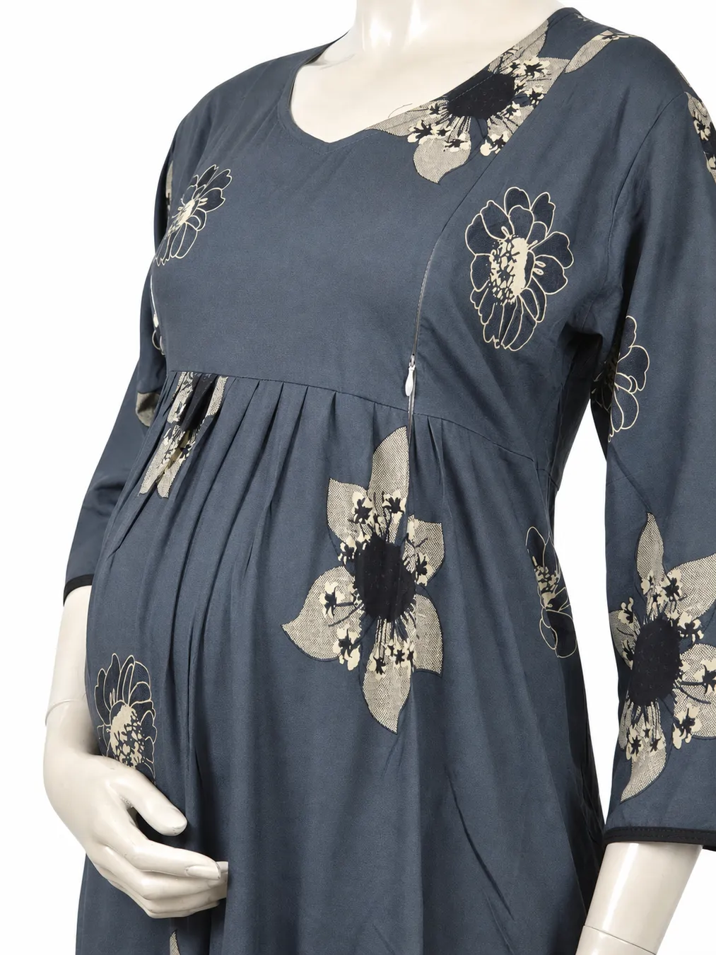 Ash Green Rayon Frill Feeding Nighty with ruffled waist detail and dual concealed nursing zips