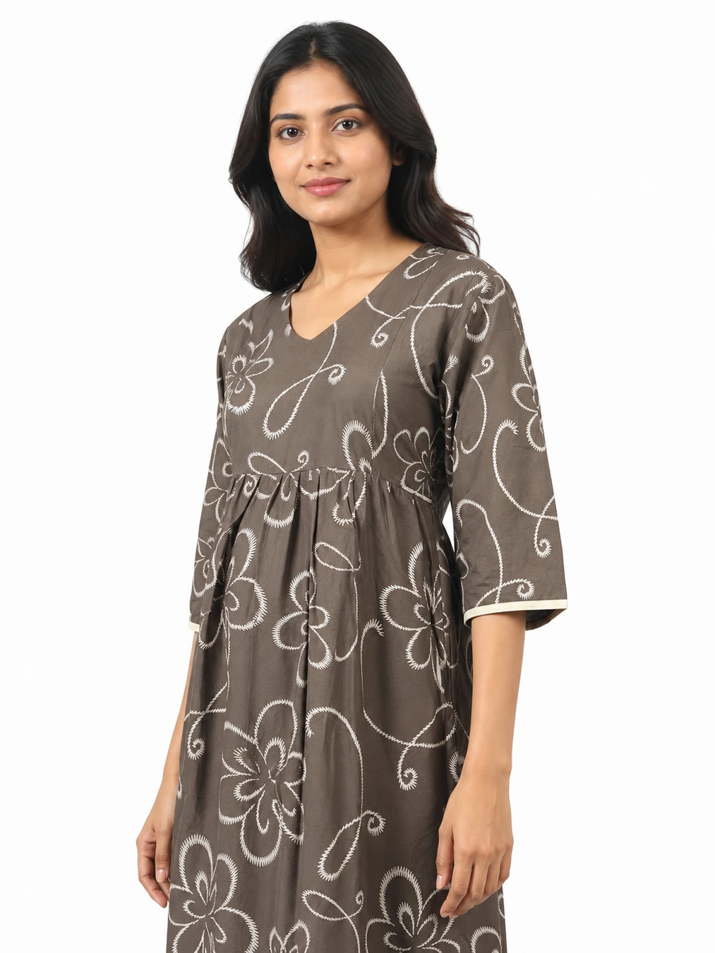 Pale Brown Rayon Frill Feeding Nighty with ruffled waist detail and dual concealed nursing zips