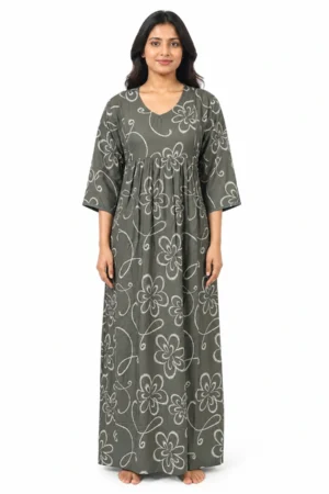 Pale Olive Rayon Frill Feeding Nighty with ruffled waist detail and dual concealed nursing zips