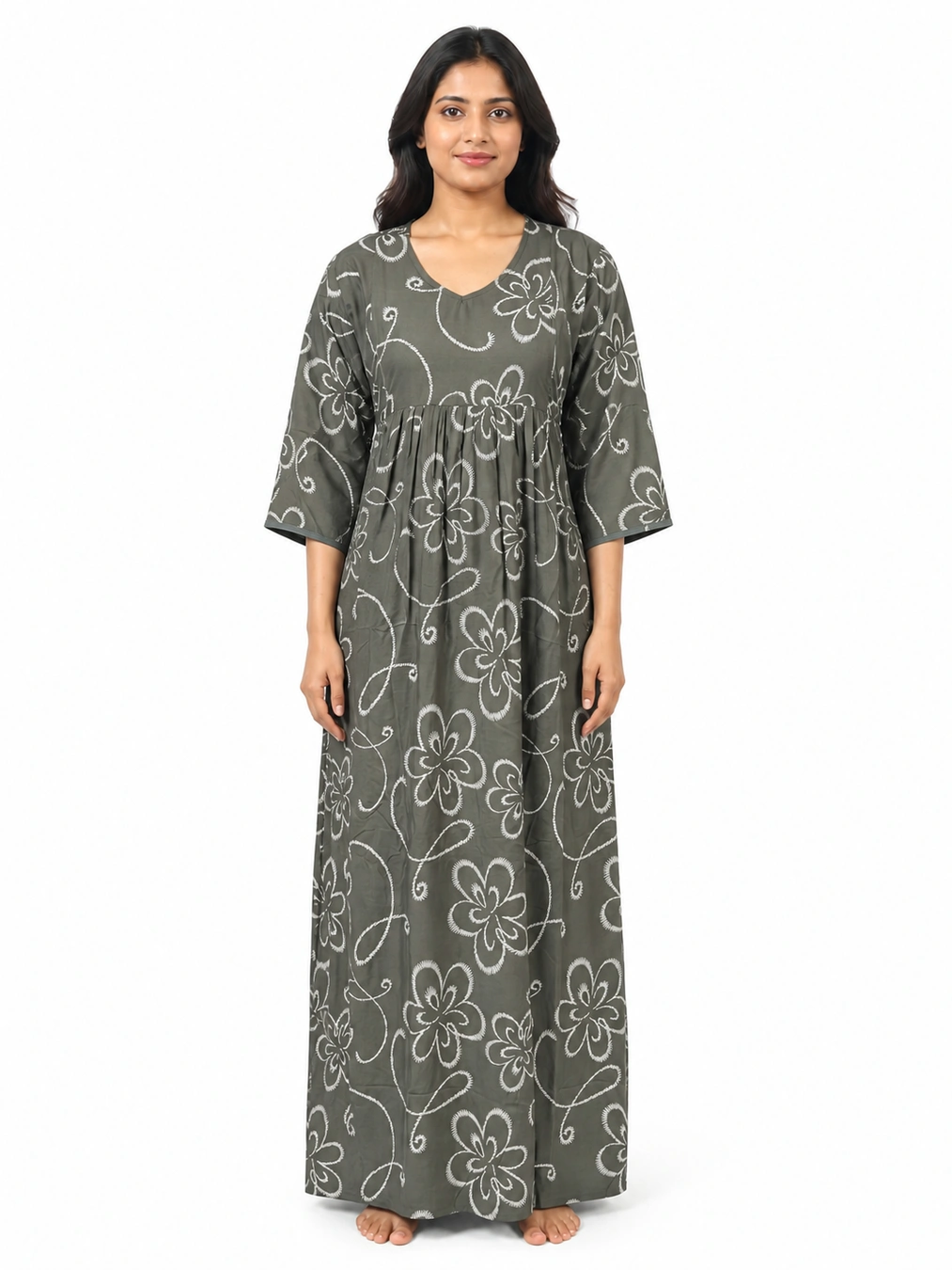 Pale Olive Rayon Frill Feeding Nighty with ruffled waist detail and dual concealed nursing zips