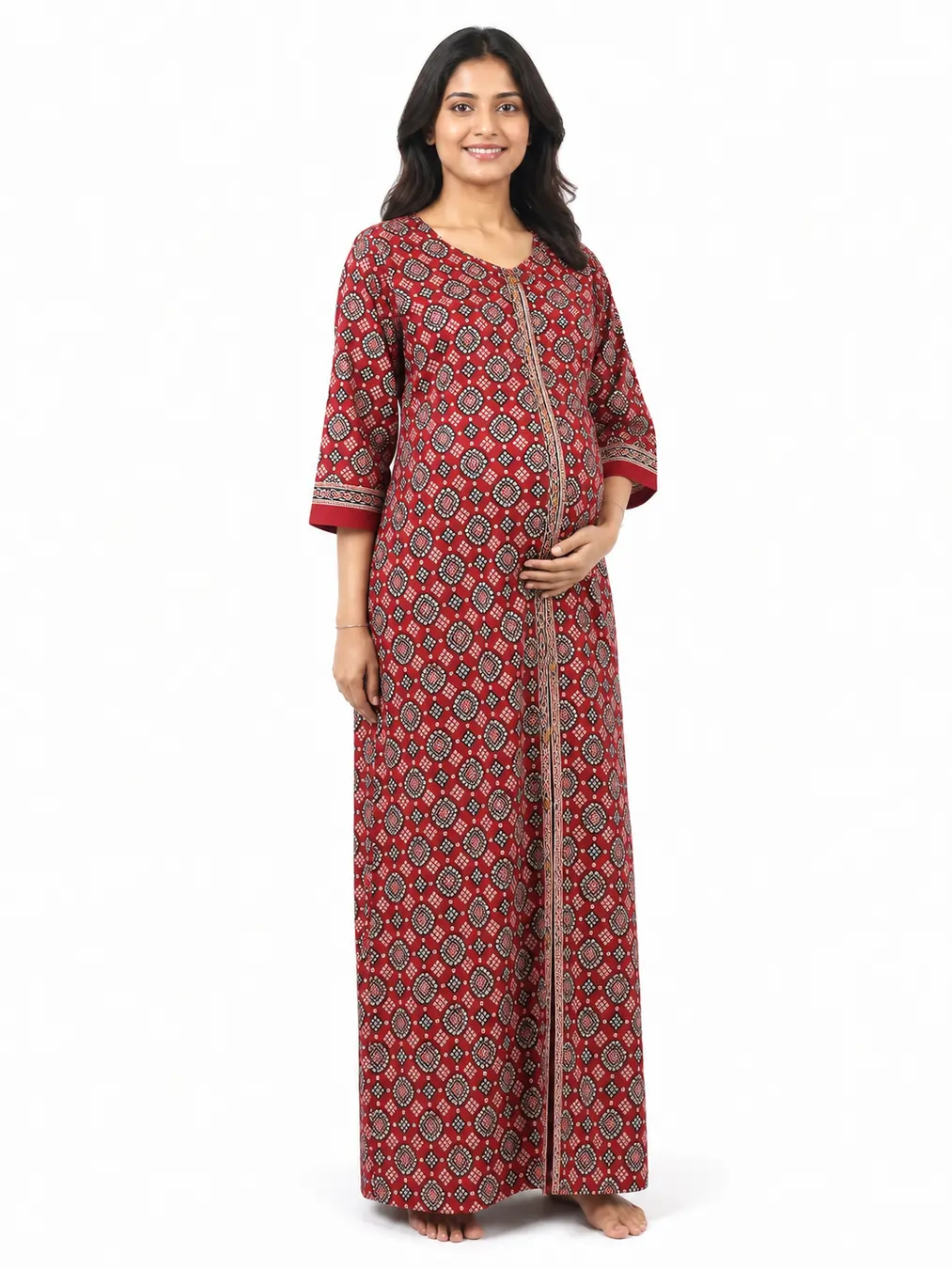 Red cotton maternity nighty with full-front button opening